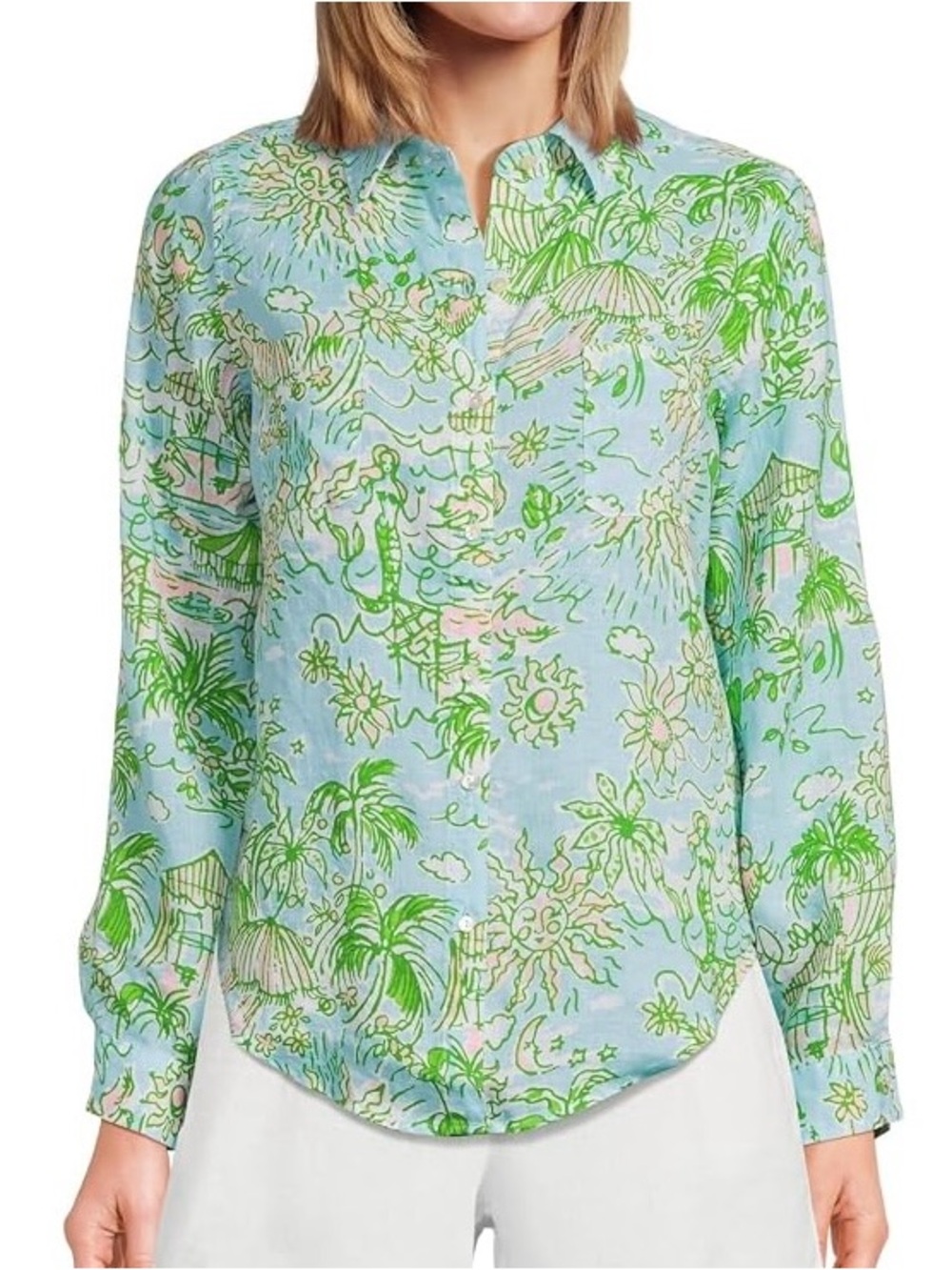 NWT Lilly Pulitzer Sea View Linen Button Down in Fresh Water Blue - Size XS